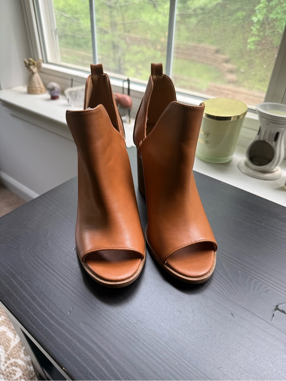 Pink Lily Tan Peep-Toe Mule Booties
